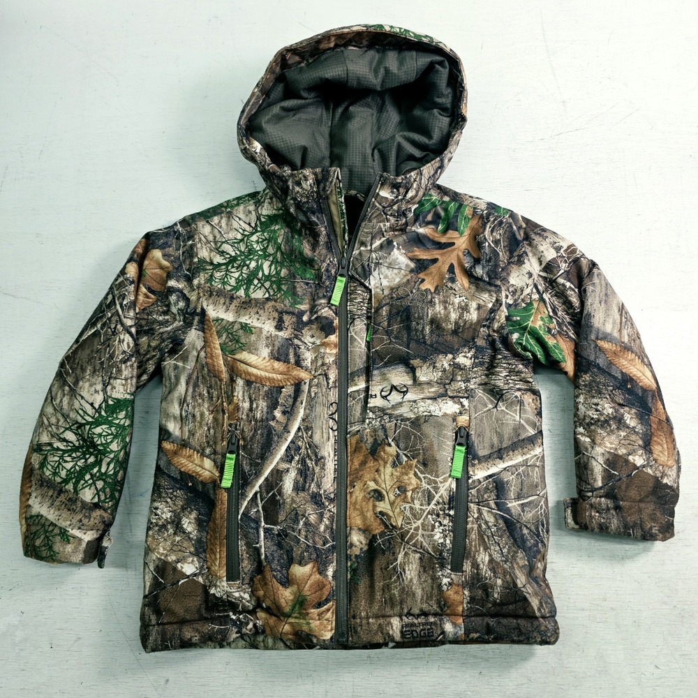 Realtree Edge Camo Softshell Hooded Hunting Jacket Puff Coat Youth S Fleece EUC